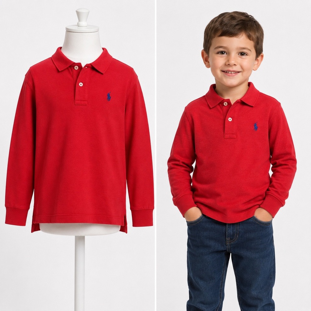 Vintage Polo Ralph Lauren Boys 3T Red Long Sleeve Cotton Shirt Navy Pony Logo